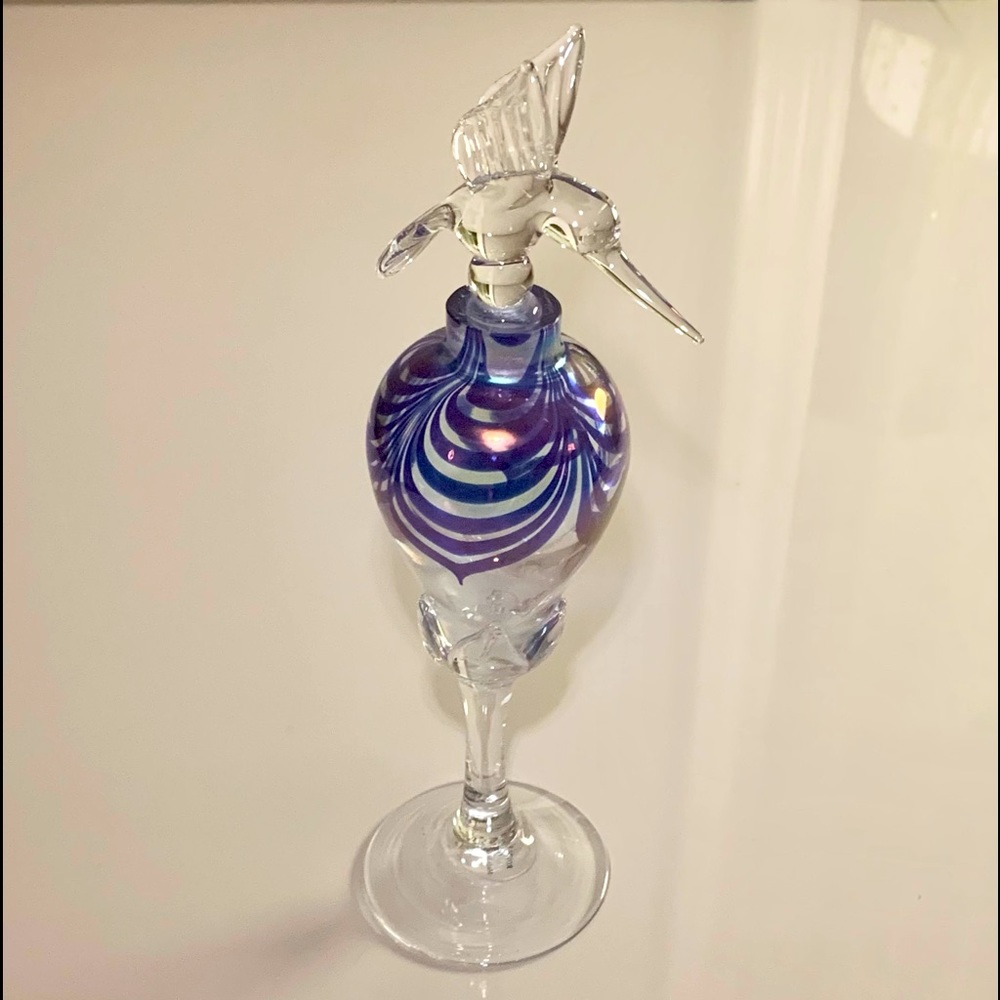 Royal Limited Crystal Perfume Bottle w/ Iridescent Cobalt Swirl & Hummingbird